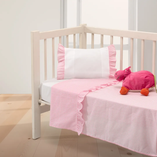 Jogos de Lençóis Berço Vichy com Folho Cor-de-Rosa