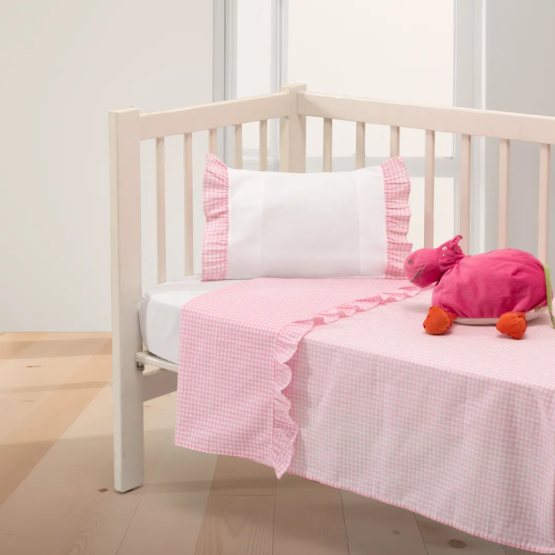 Jogos de Lençóis Berço Vichy com Folho Cor-de-Rosa