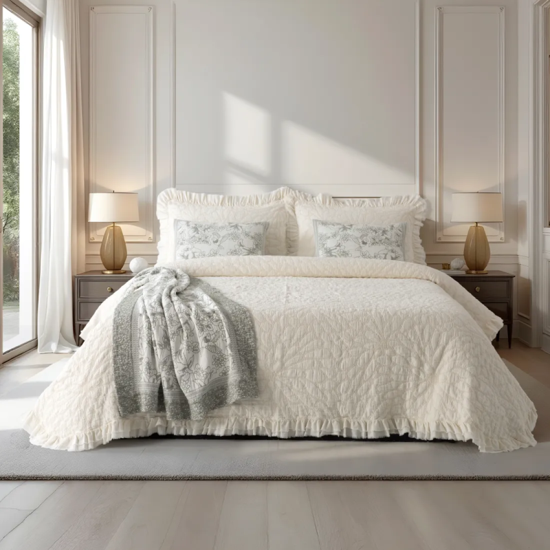 Colcha Flor com Folhos Marfim